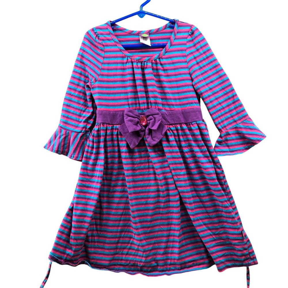 Dollie & Me‎ Girls Size 8 Dress Purple Blue Striped Ruffle Sleeve Bow A-Line